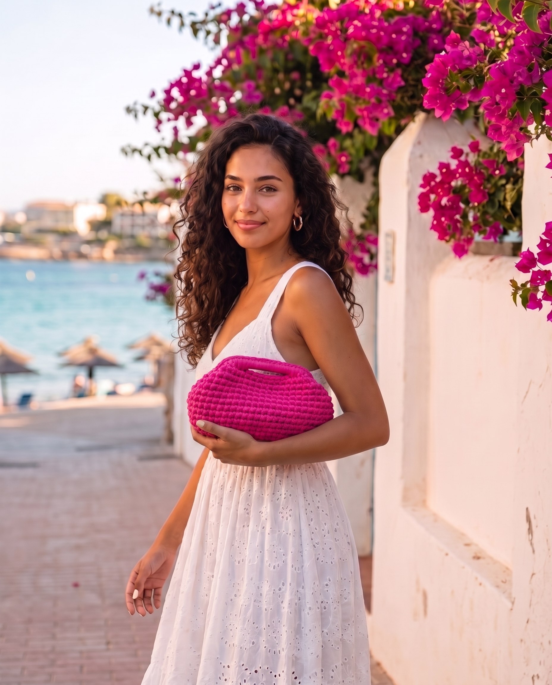 Clutch fucsia all'uncinetto portata a passeggio tra le bouganville in un borgo di mare