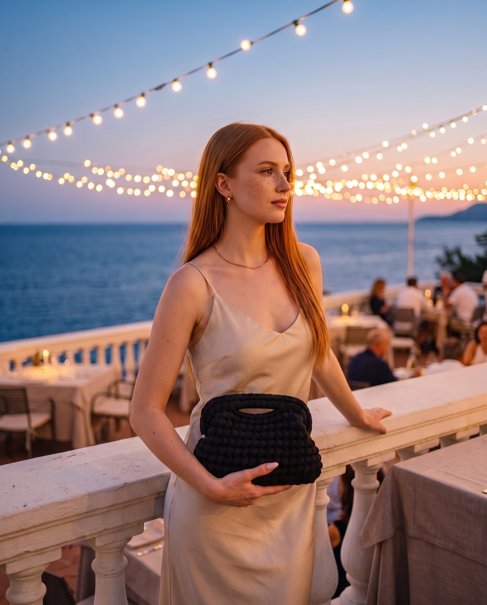 Clutch nera all'uncinetto tenuta in mano su una terrazza sul mare al tramonto